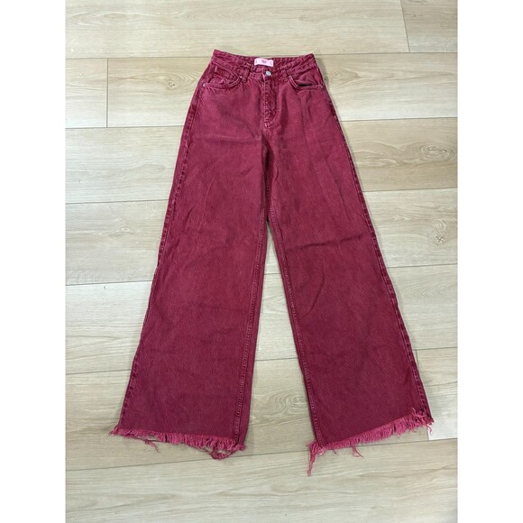 MNG Denim Red Wide Leg Jeans Women's Size 2 Frayed Hem High Rise - Picture 1 of 6